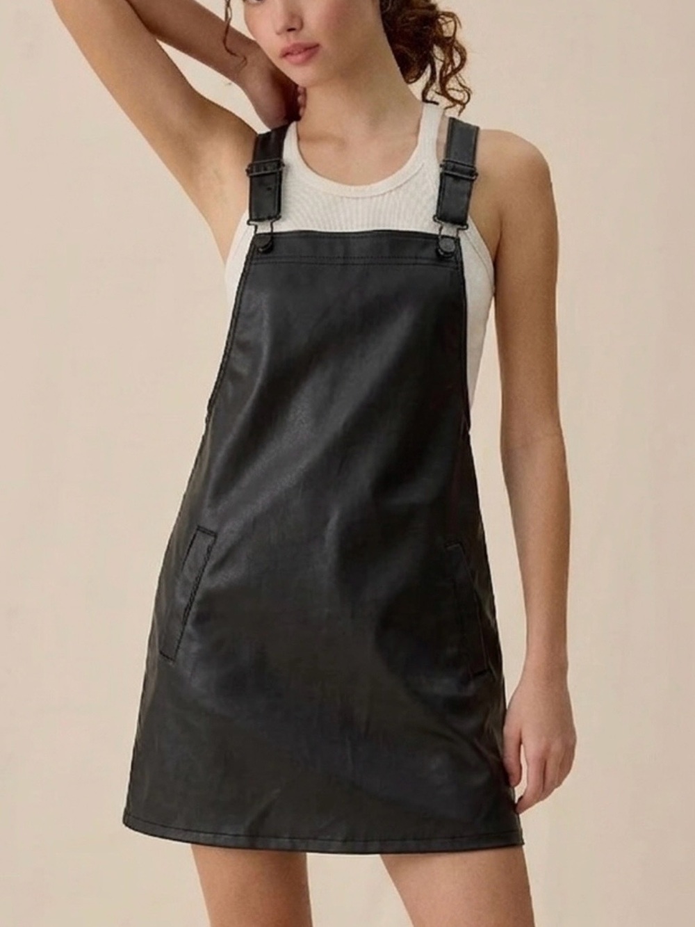 Celebrity Pink Faux Leather Overall Dress Size XS Black A-Line Pinafore Mini Y2K